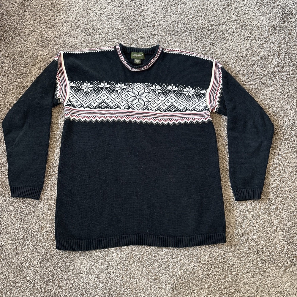 Vintage Eddie Bauer Mens LT Cotton Fair Isle Knit‎ Crewneck Sweater Large Tall